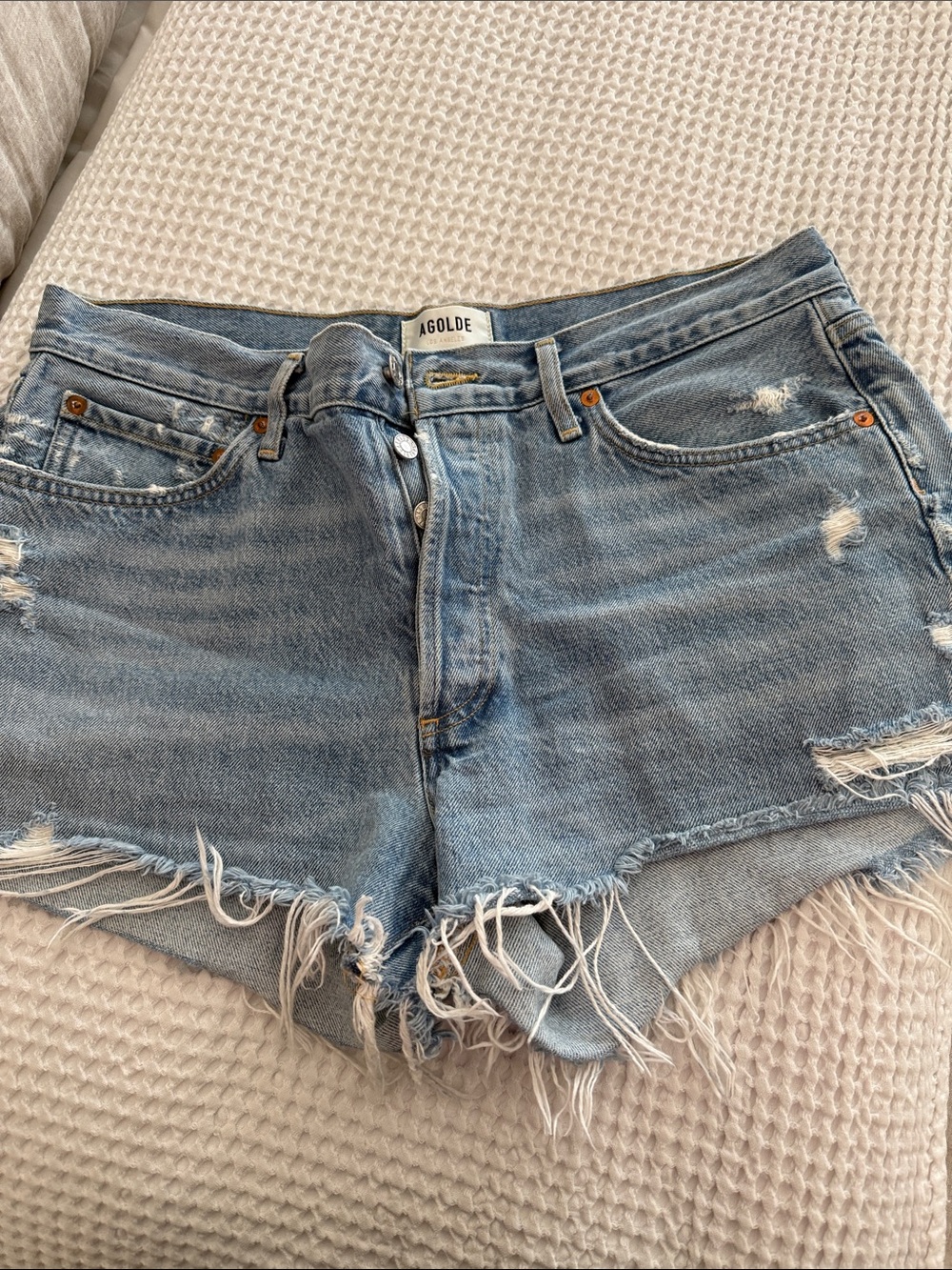 Agolde Light Wash Distressed Denim Cutoff Shorts